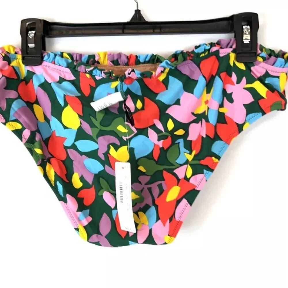J.Crew Mildred Floral Ruffle Surf Hipster Green/Pink Multi Womens Size Large